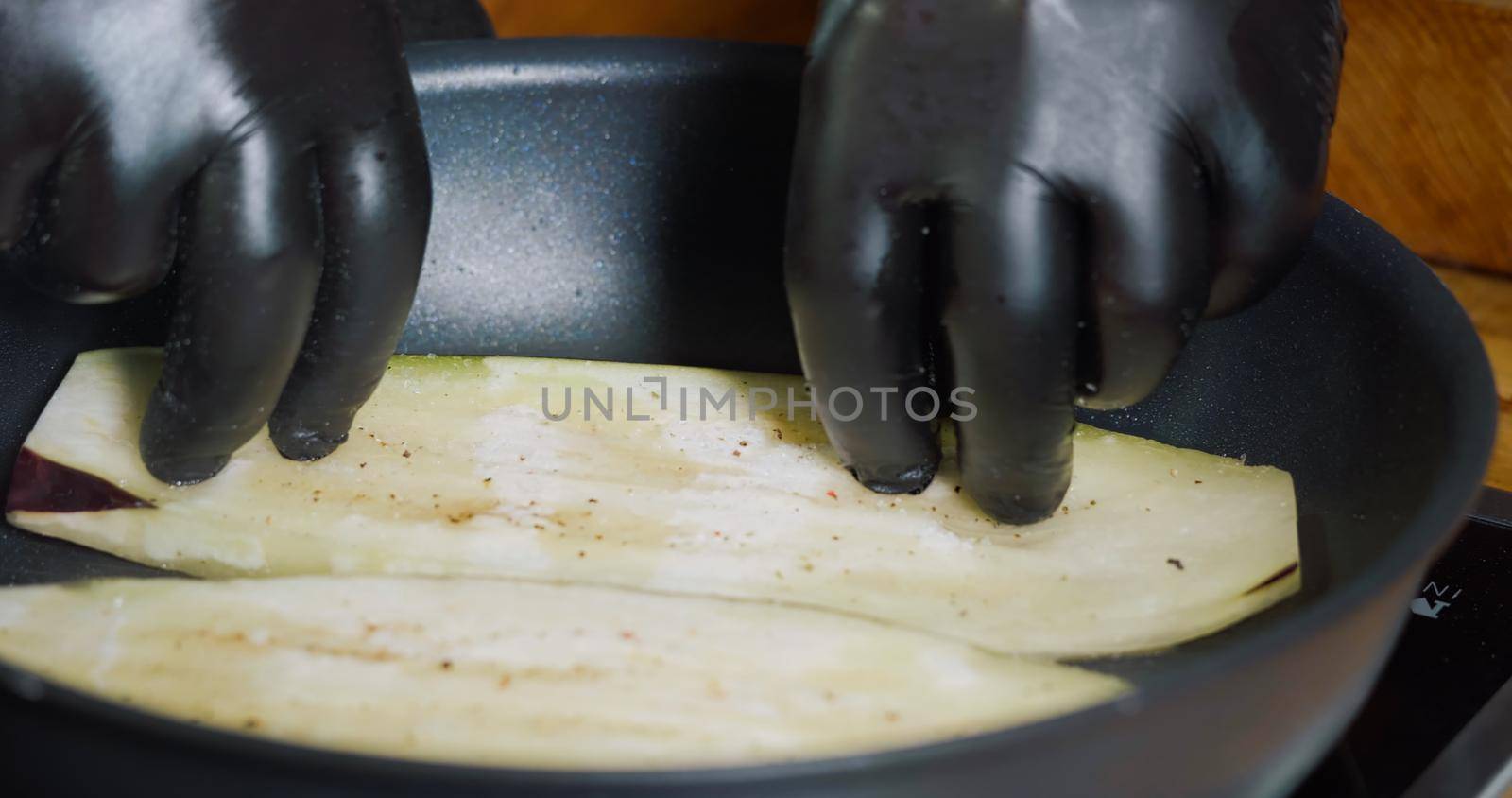 Frying Sliced Eggplant in the Hot Pan Delicious Vegetables.