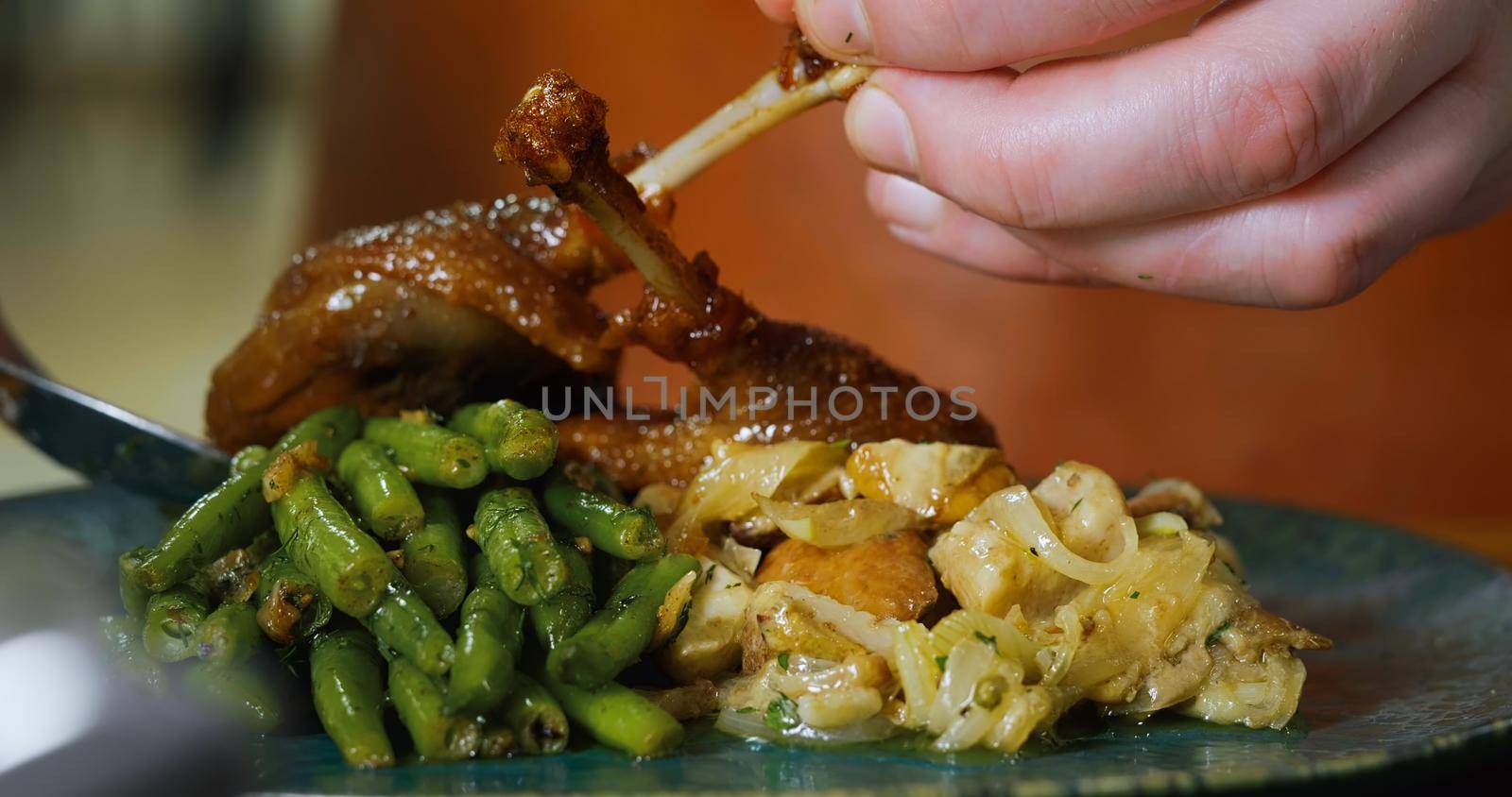 Duck Steak over Green Beans Appetizing Duck Meal