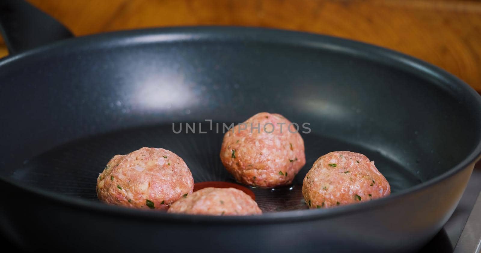 Close Up Shot Meatballs Frying on Hot Pan