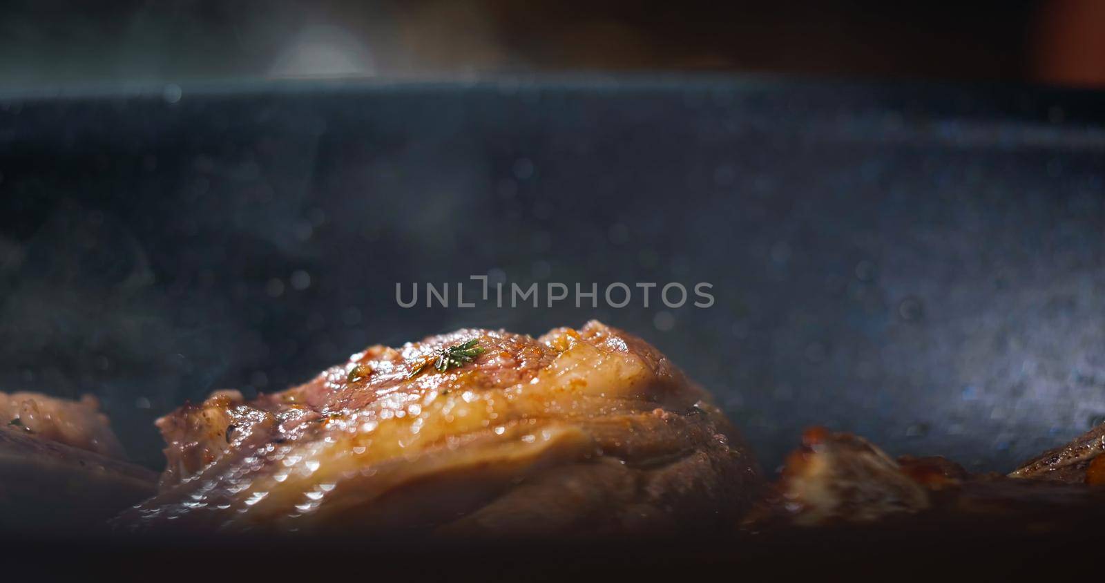 Close Up Tasty Lamb Meat Frying. Appetizing Meat Dish. by RecCameraStock