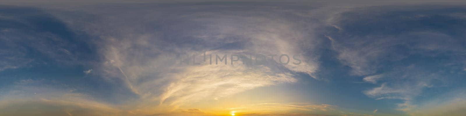 Sky panorama with Cirrus clouds in Seamless spherical equirectangular format. Full zenith for use in 3D graphics, game and editing aerial drone 360 degree panoramas for sky replacement