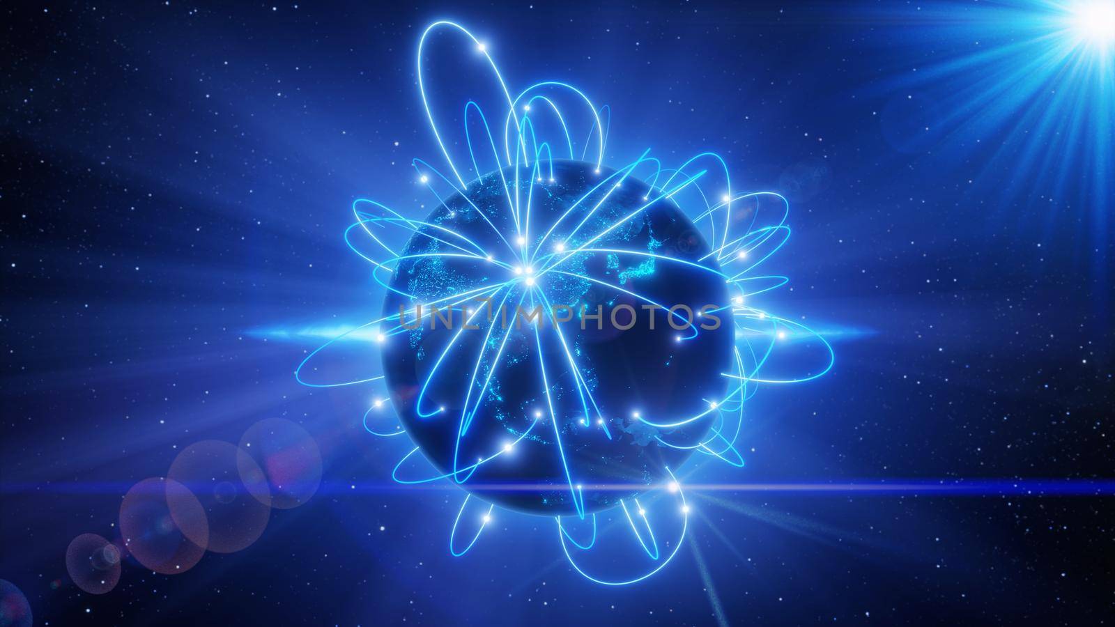 Globalization and communication concept. Earth and luminous rays. 3d rendering by Taut