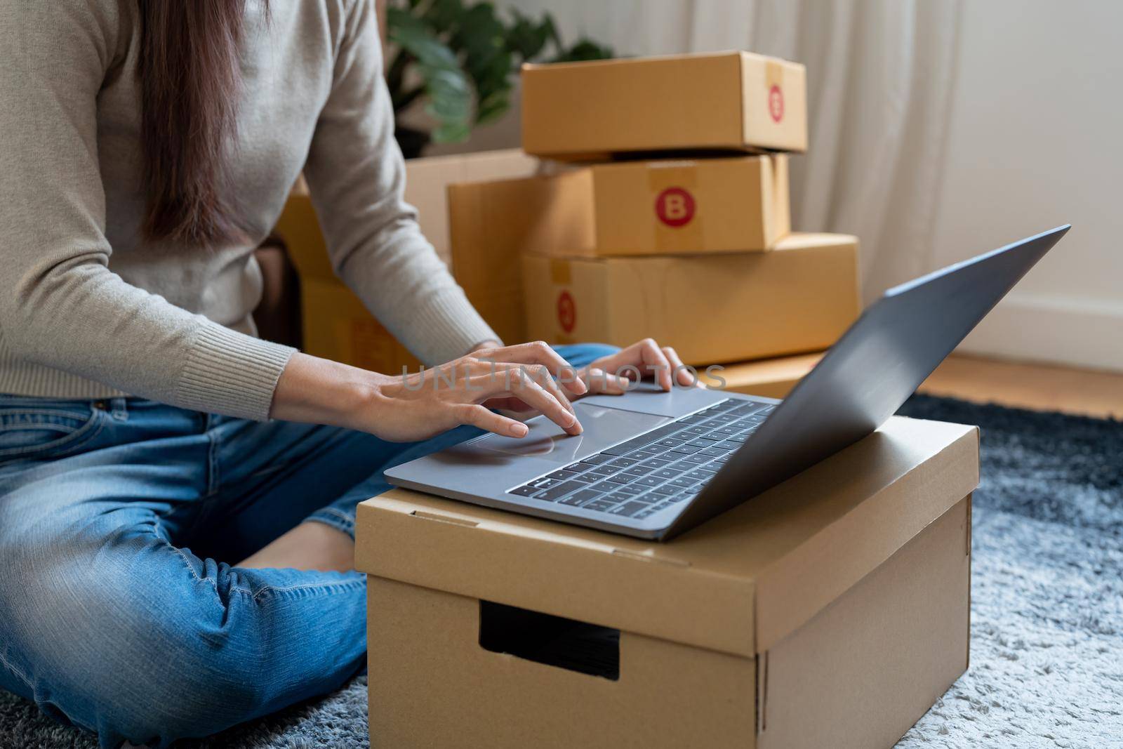 Start up successful small business owner, working from home with laptop computer and online purchase shopping order
