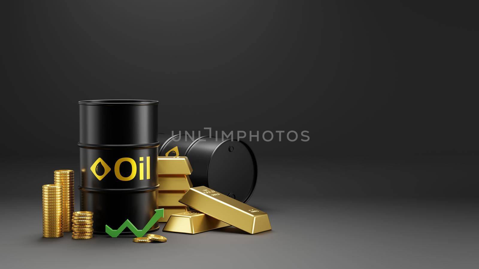 Oil barrels and gold bars with golden coins 3D render by Myimagine