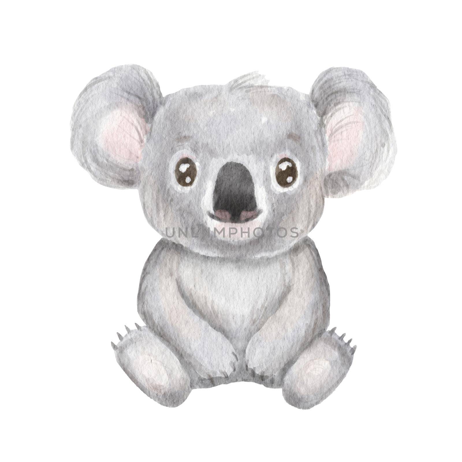 Cute portrait koala in cartoon style. Drawing australian baby isolated on white background. Jungle animal is sitting by ElenaPlatova
