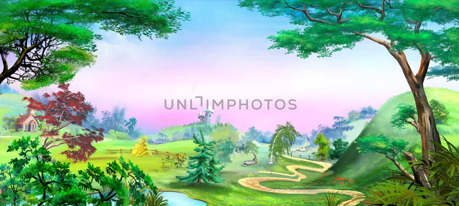 Rural landscape on a sunny summer day . Digital Painting Background, Illustration.