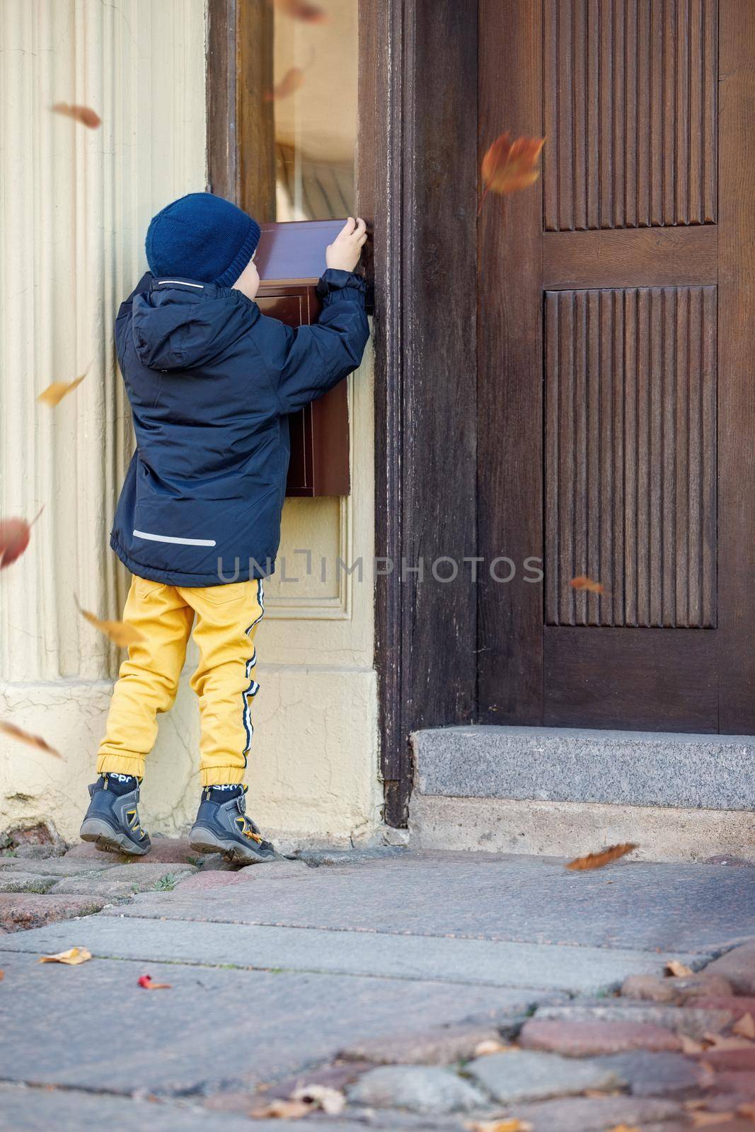 Little boy, checking the mail in outdoors mailbox. The kid is waiting for the letter, checks the correspondence and looks into the metal mailbox. Falling leaves during the autumn season.