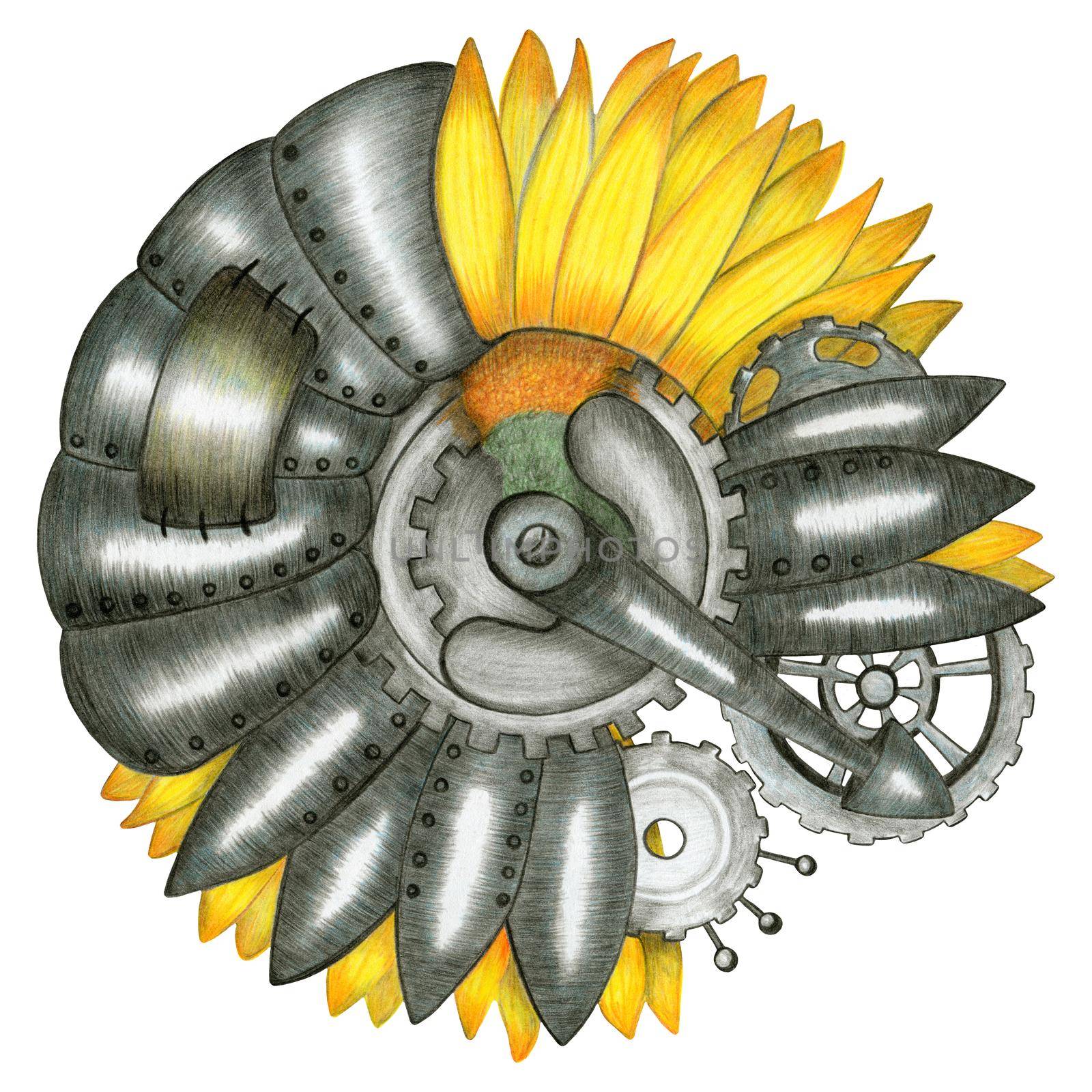Design Element Hand Drawn Illustration of Colorful Steampunk Sunflower on White Background. Steampunk Sunflower Drawn by Pencil.