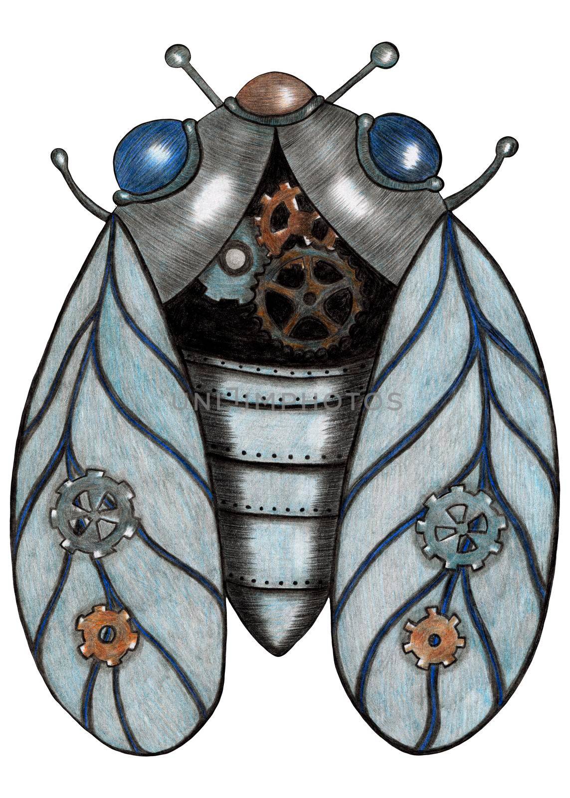 Design Element Hand Drawn Illustration of Colorful Steampunk Cicada Isolated on White Background. Steampunk Cicada Drawn by Colored Pencils.