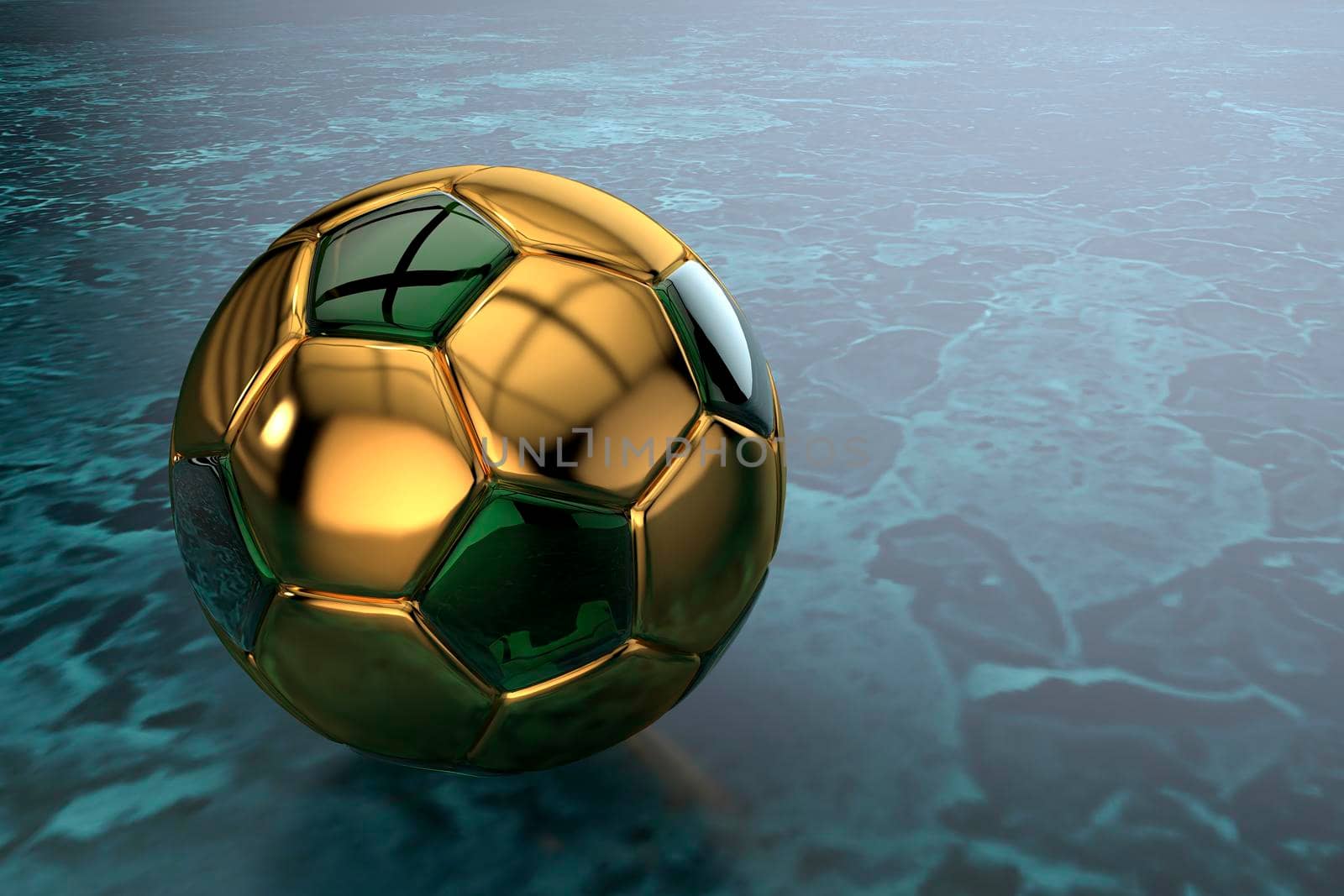 3D golden soccer ball with green glass inserts on a dark background