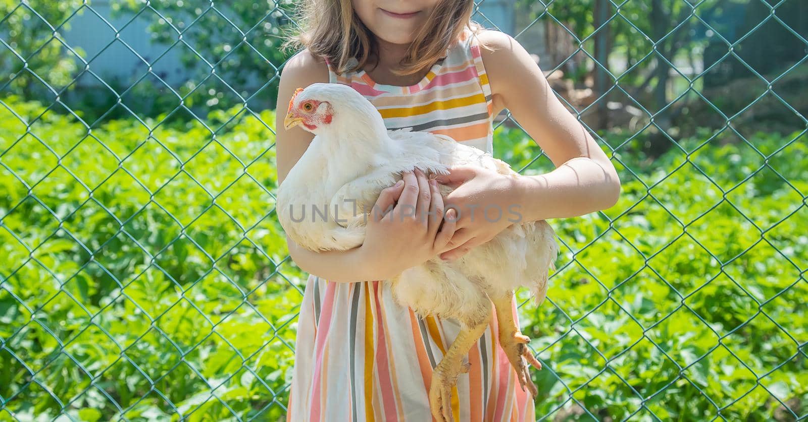 A child on a farm with a chicken. Selective focus.