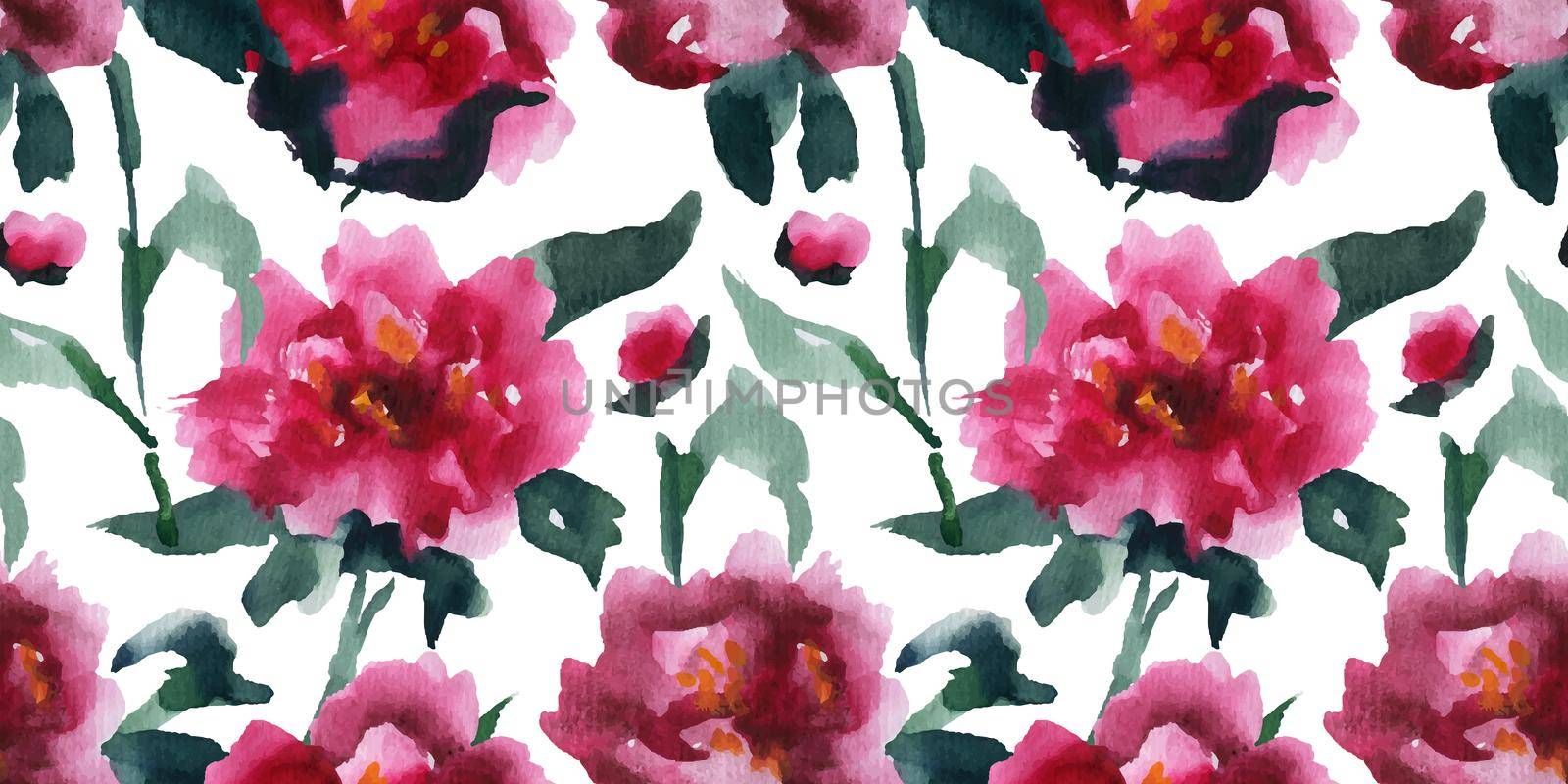 Floral Seamless Pattern of Chinese Pink Peones, asian watercolor art, clipping path included