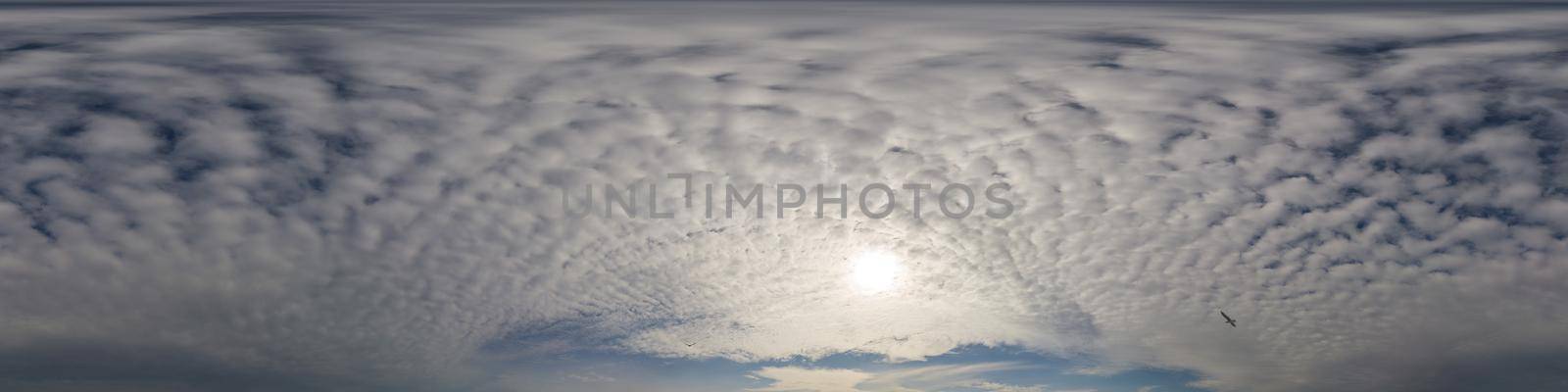 Panorama of a dark blue sunset sky with golden Cumulus clouds. Seamless hdr 360 panorama in spherical equiangular format. Full zenith for 3D visualization, sky replacement for aerial drone panoramas. by Matiunina