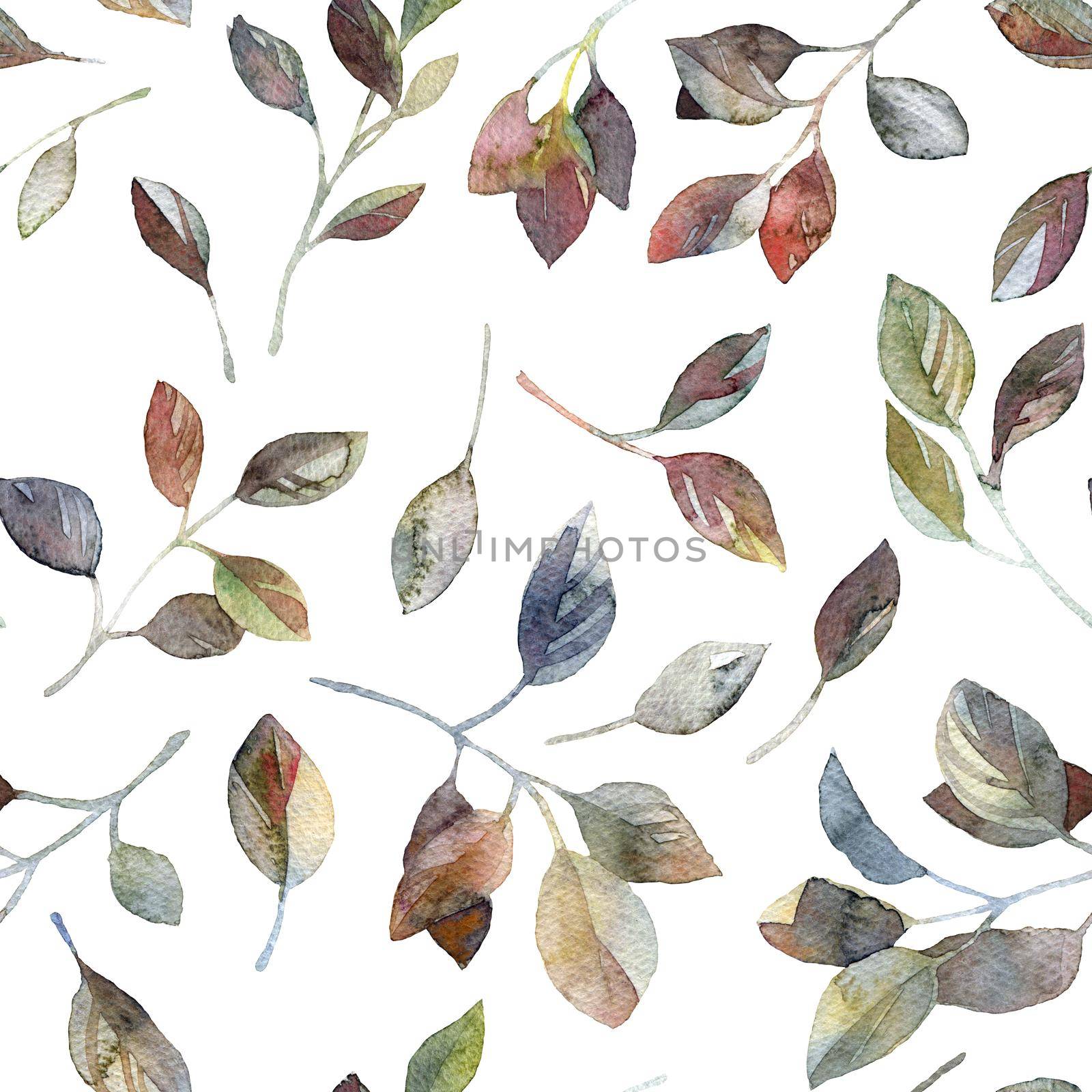 Watercolor seamless pattern with tree leaves, artistic painting