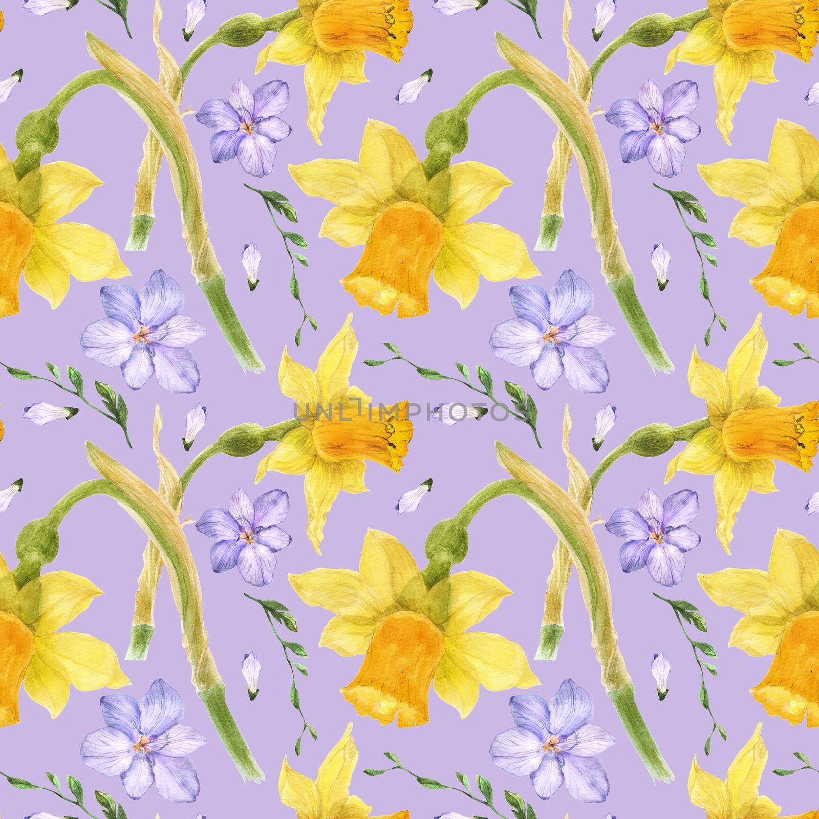 Yellow daffodil and purple freesia watercolor seamless pattern on a light purple background, watercolor with clipping path