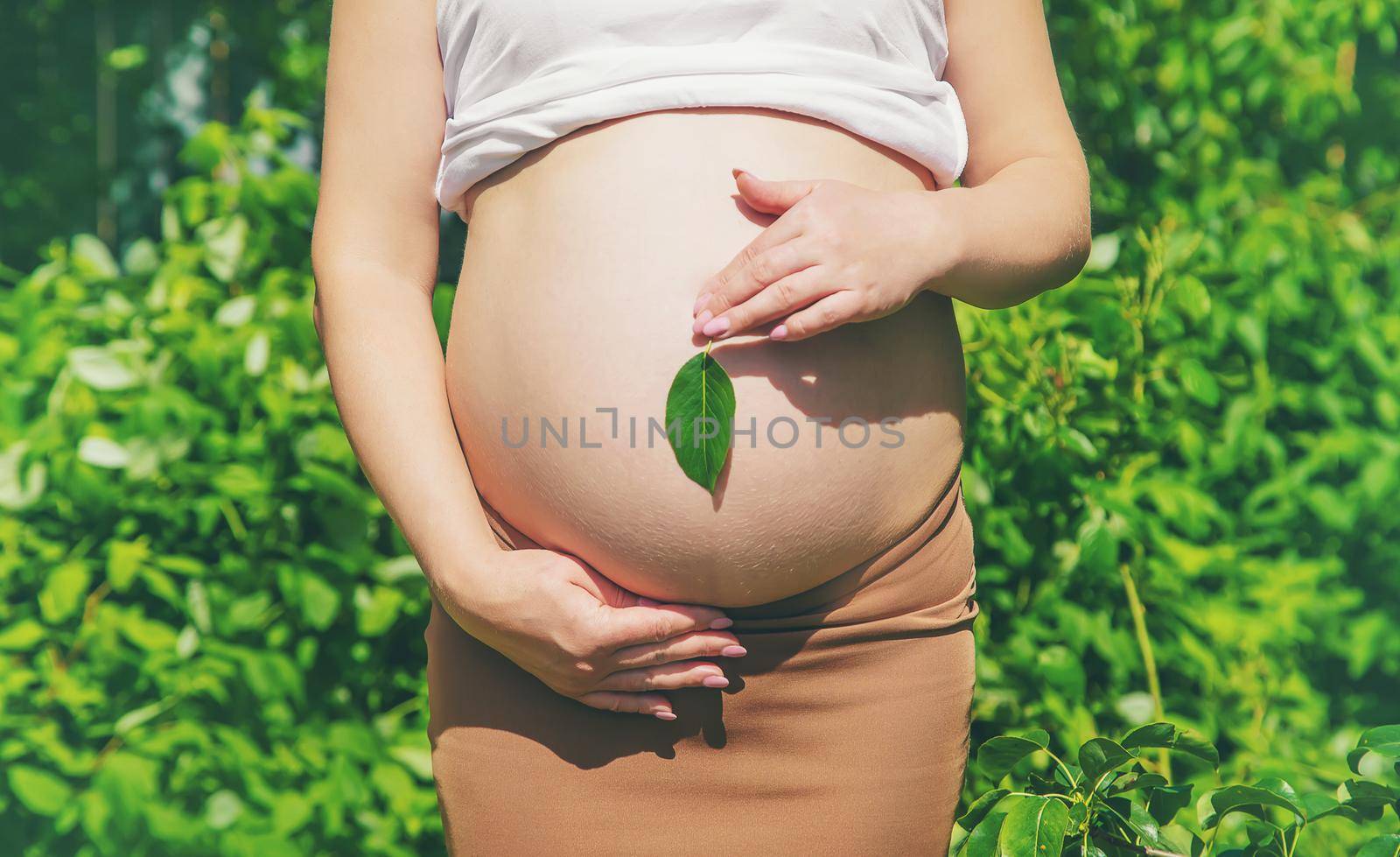 Pregnant belly with a leaf. Selective focus. people.
