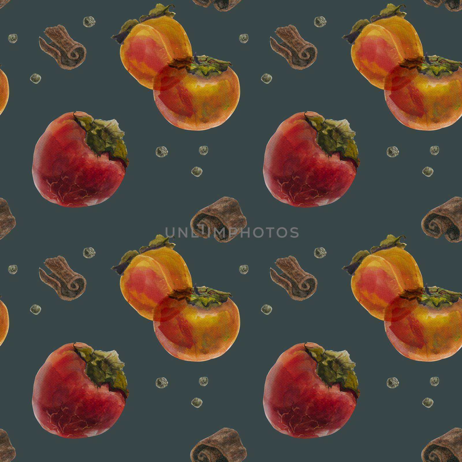 Winter persimmon watercolor seamless pattern, watercolor on a dark background