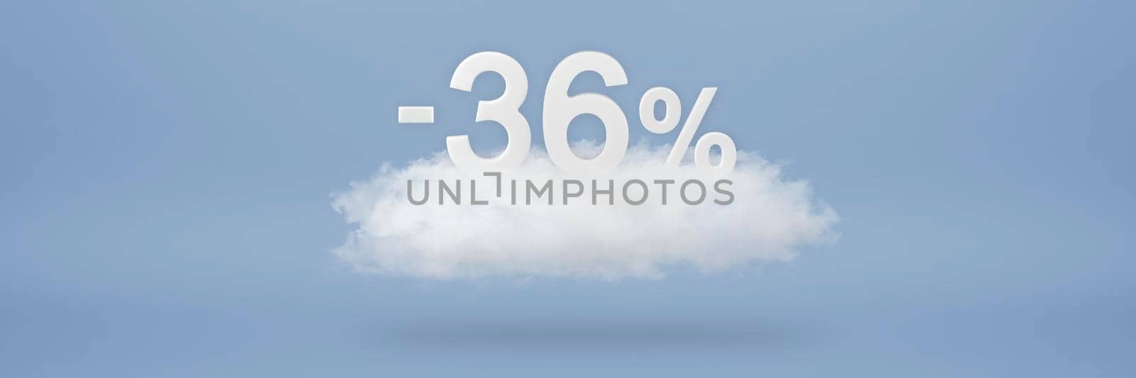 Discount 36 percent. Big discounts, sale up to thirty six percent. 3D numbers float on a cloud on a blue background. Copy space. Advertising banner and poster to be inserted into the project.