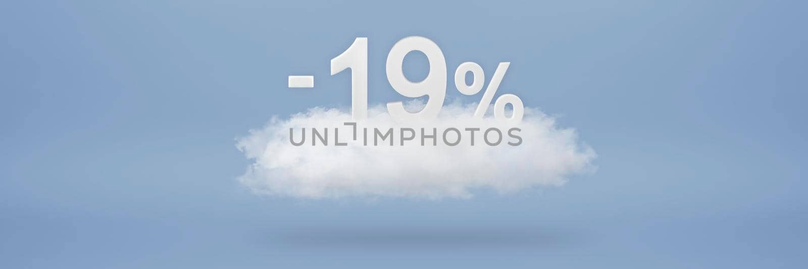 Discount 19 percent. Big discounts, sale up to nineteen percent. 3D numbers float on a cloud on a blue background. Copy space. Advertising banner and poster to be inserted into the project by SERSOL