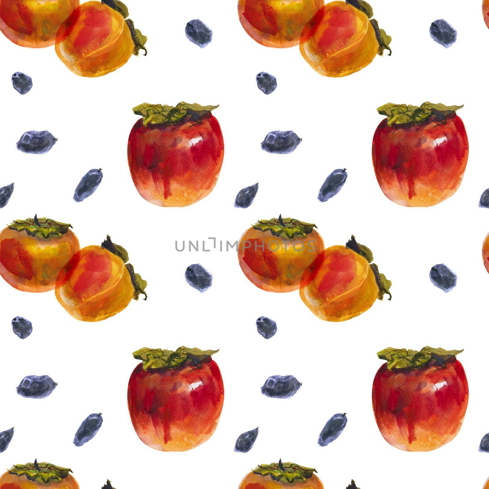 Winter persimmon fruits on a white background, watercolor seamless pattern