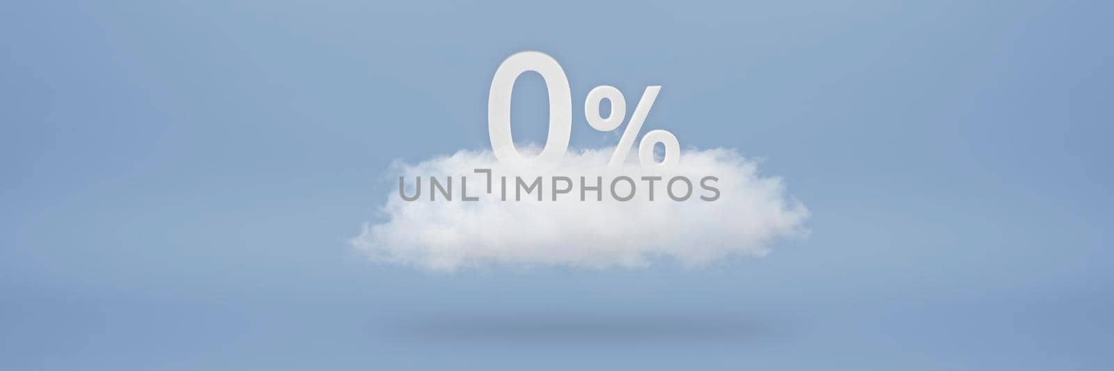 0 percent. 3D numbers float on a cloud on a blue background. Copy space. Advertising banner and poster to be inserted into the project by SERSOL