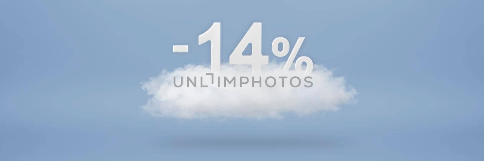 Discount 14 percent. Big discounts, sale up to fourteen percent. 3D numbers float on a cloud on a blue background. Copy space. Advertising banner and poster to be inserted into the project.