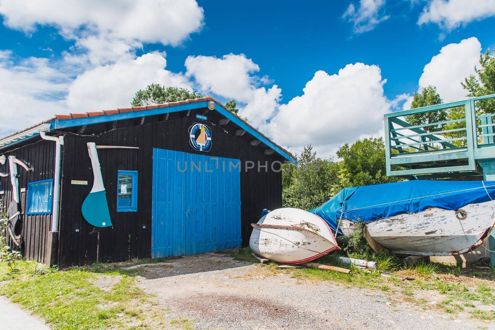 Colorful cabins on the harbor of Château d'Oléron, on the island of Oléron in France