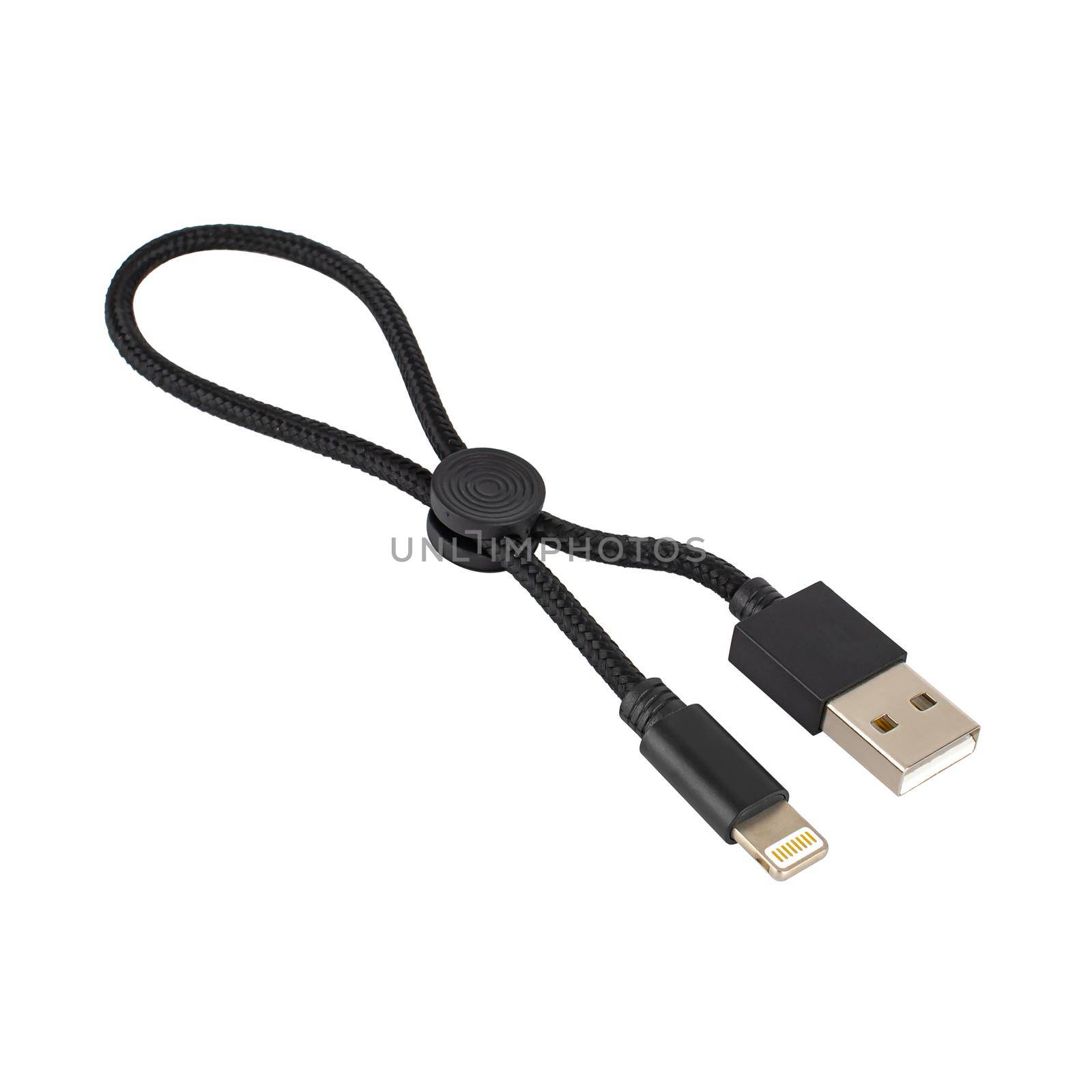 connector with cable, USB, Lightning, black, white background