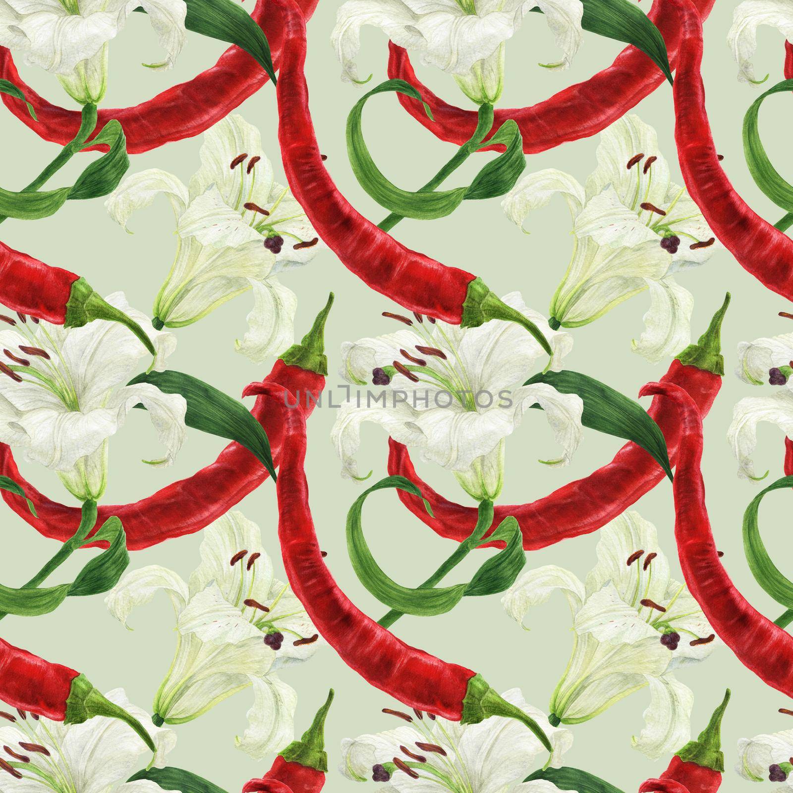 Red chili pepper and lily white flower watercolor light green seamless pattern with clipping path