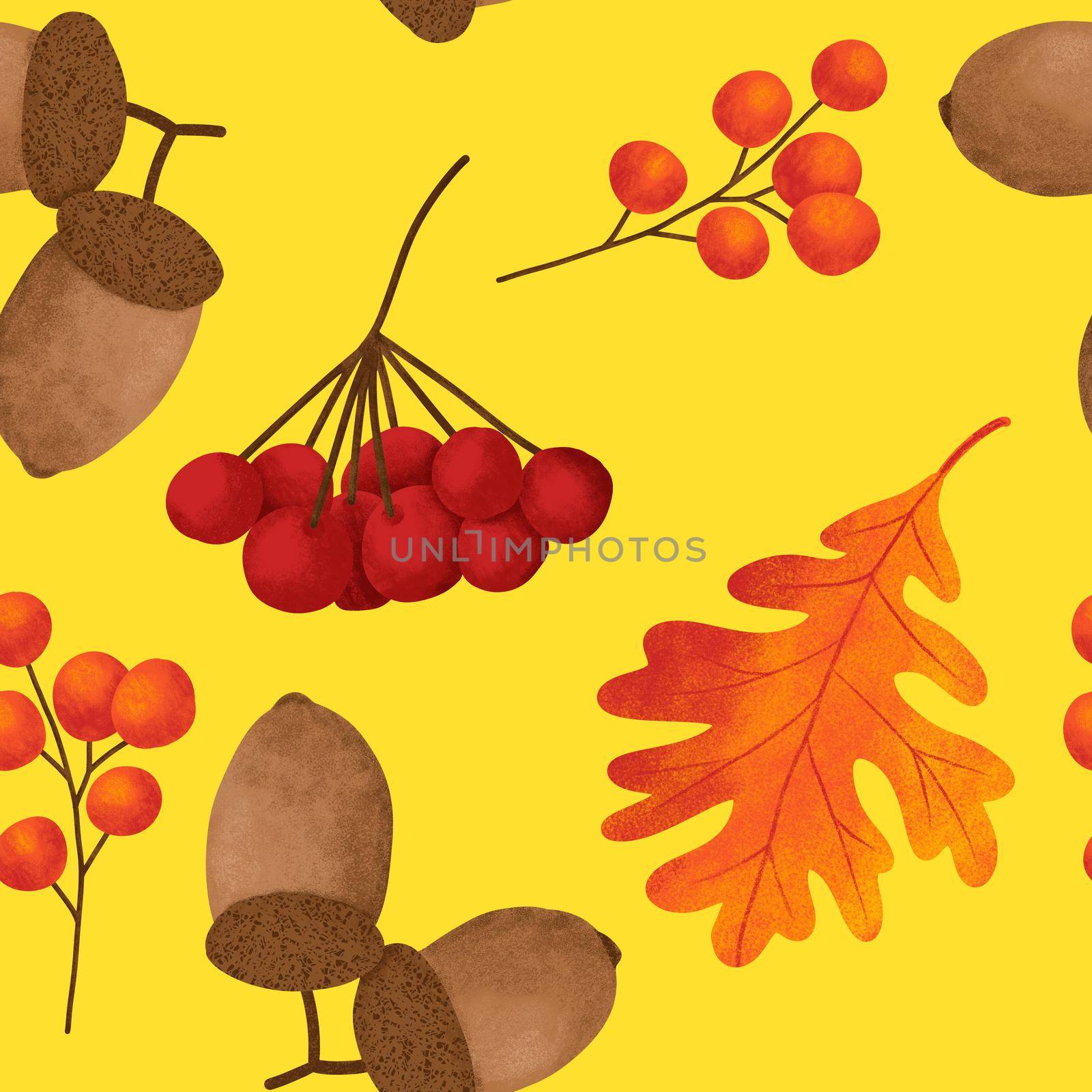 Hand drawn seamless pattern with fall autumn leaf leaves berry berries, maple oak acorn. Natural wild forest wood woodland background in red orange yellow. Vintage fabric print