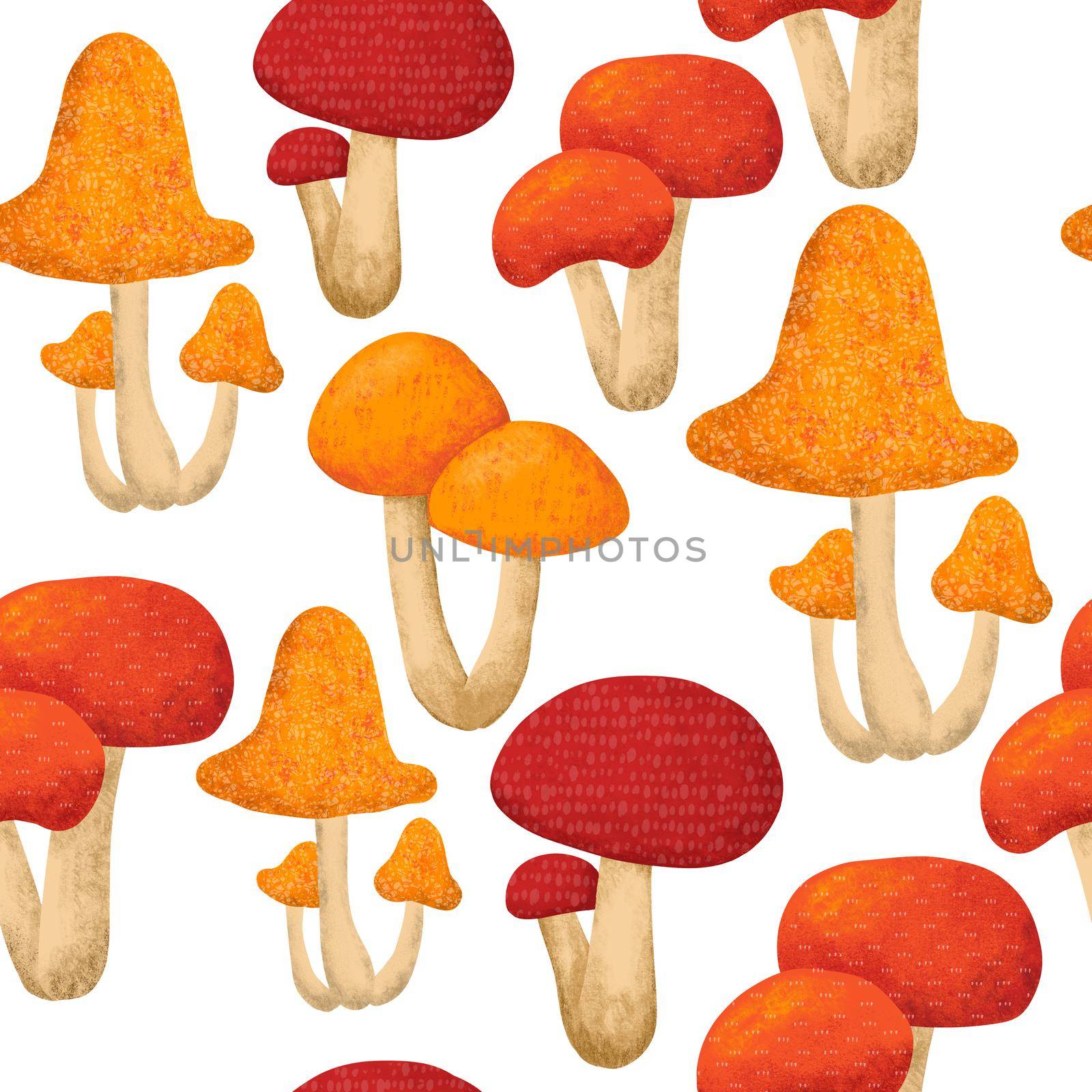 Hand drawn seamless pattern with fall autumn mushrooms fungi, wild nature background. Thanksgiving forest wood woodland fabric print in orange red yellow. For textile wallpaper