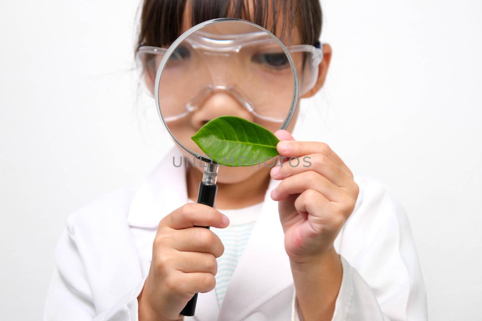 Portrait of a little girl in glasses holding a magnifying glass looking at leaves in researcher or science uniform on white background. Little scientist. by TEERASAK