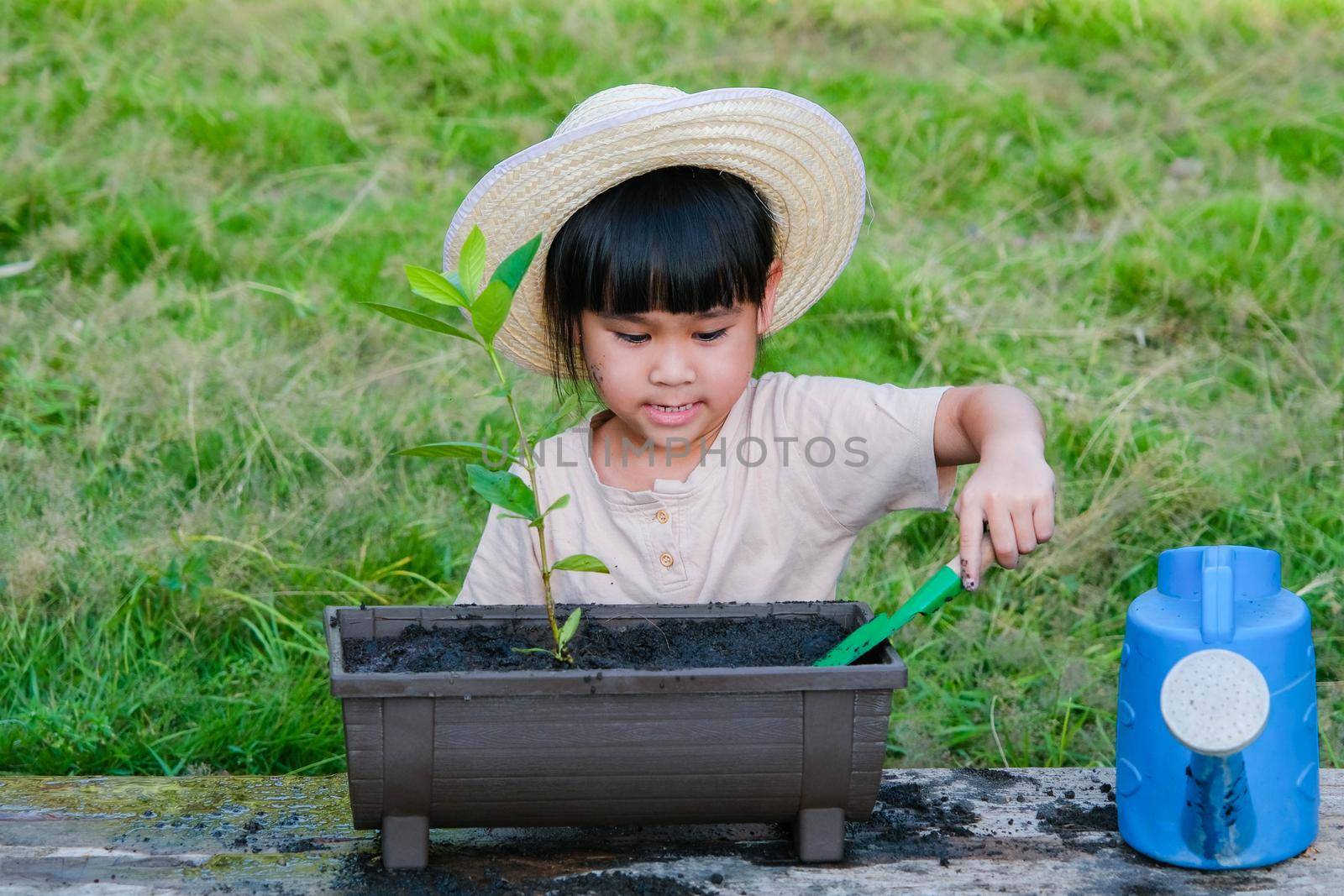 Little girl wearing a hat helps her mother in the garden, a little gardener. Cute girl planting flowers in pots for sale. family small business by TEERASAK