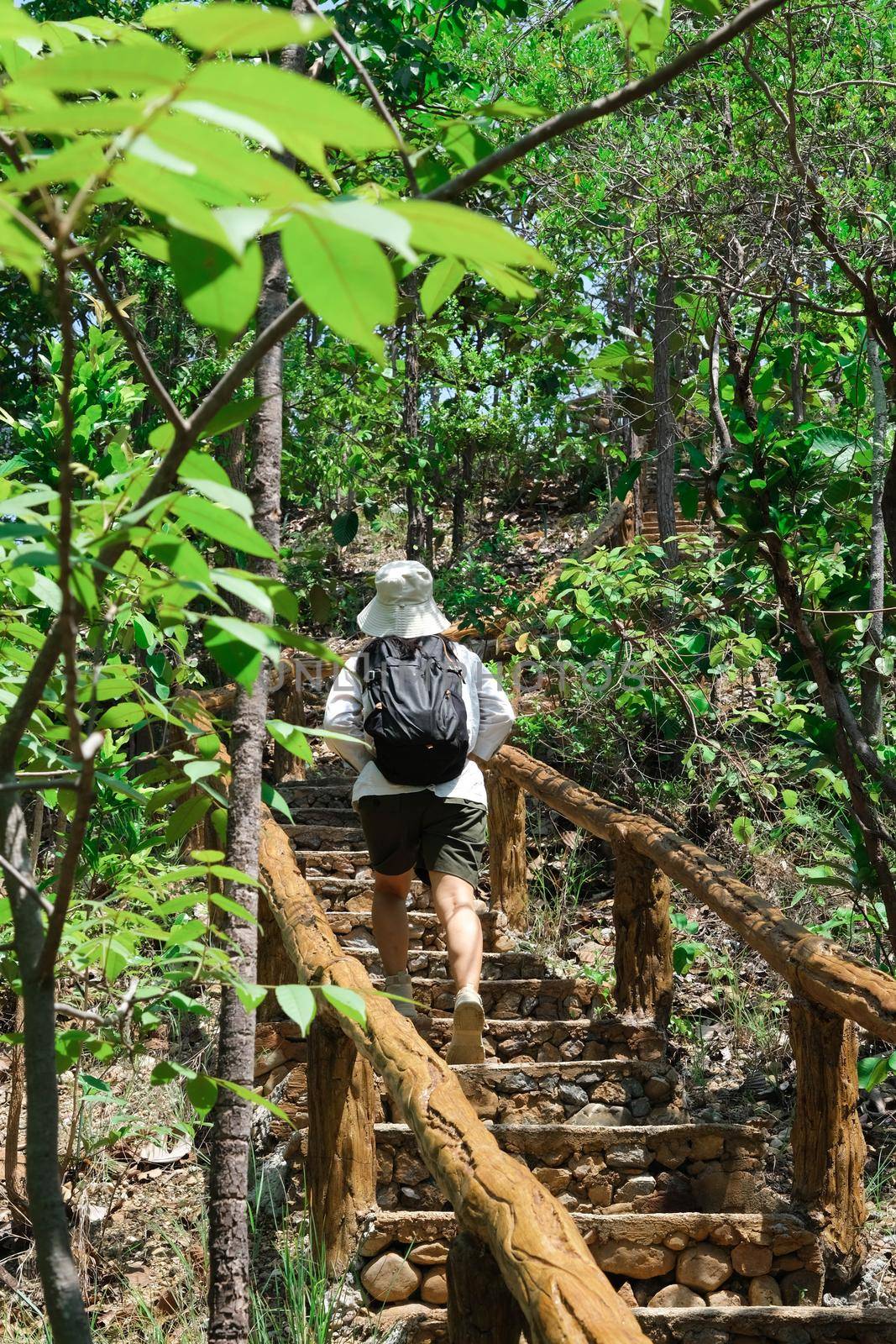 Rear view of young woman in a hat with a backpack walks up the natural stone steps and enjoys nature in the tropical forest. Travel and lifestyle concept by TEERASAK