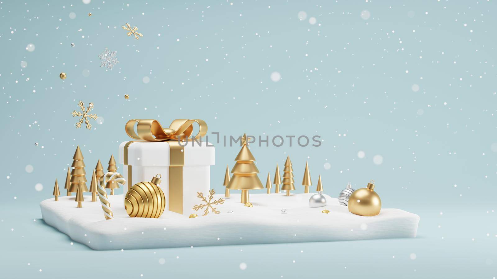 Christmas and New year concept design of gift box and xmas ball with pine tree on snowdrift in the winter 3D render