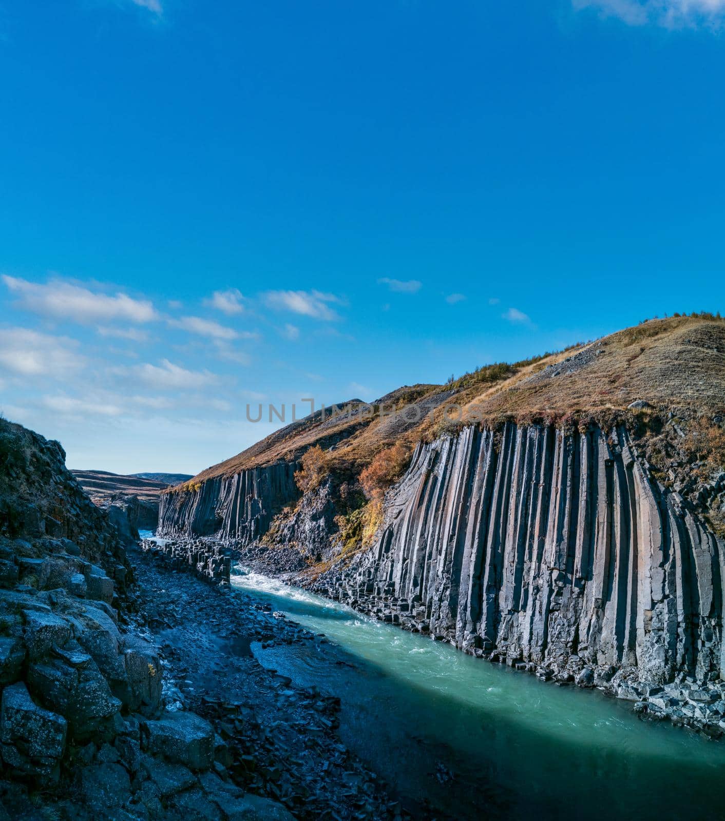 Fjadrargljufur basaltic canyon, river and iron viewpoint