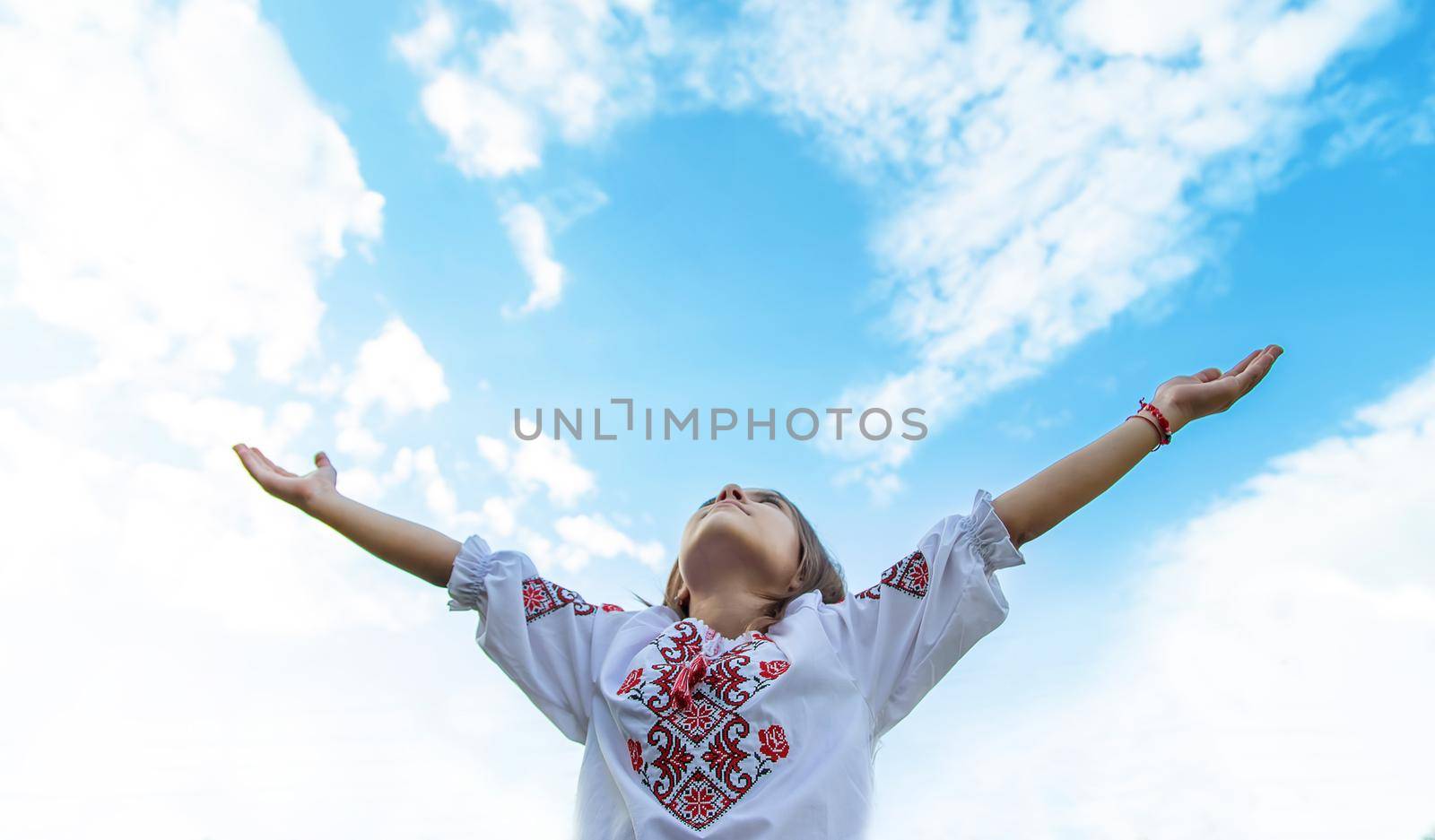 Ukrainian girl child in vyshyvanka. Selective focus. Kid.