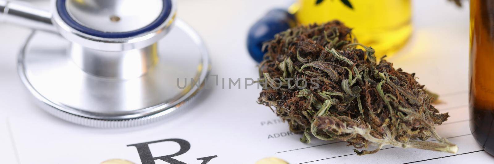 Medical prescription and narcotic drugs lying on table closeup. Narcotic drugs in medicine concept
