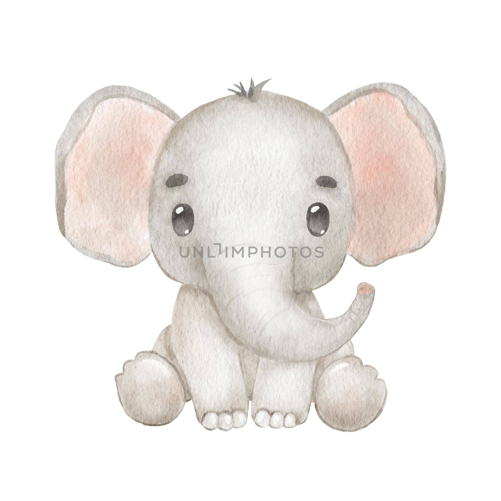 Cute portraits elephant in cartoon style. Drawing african baby wild animal isolated on white background. Jungle animal is sitting by ElenaPlatova