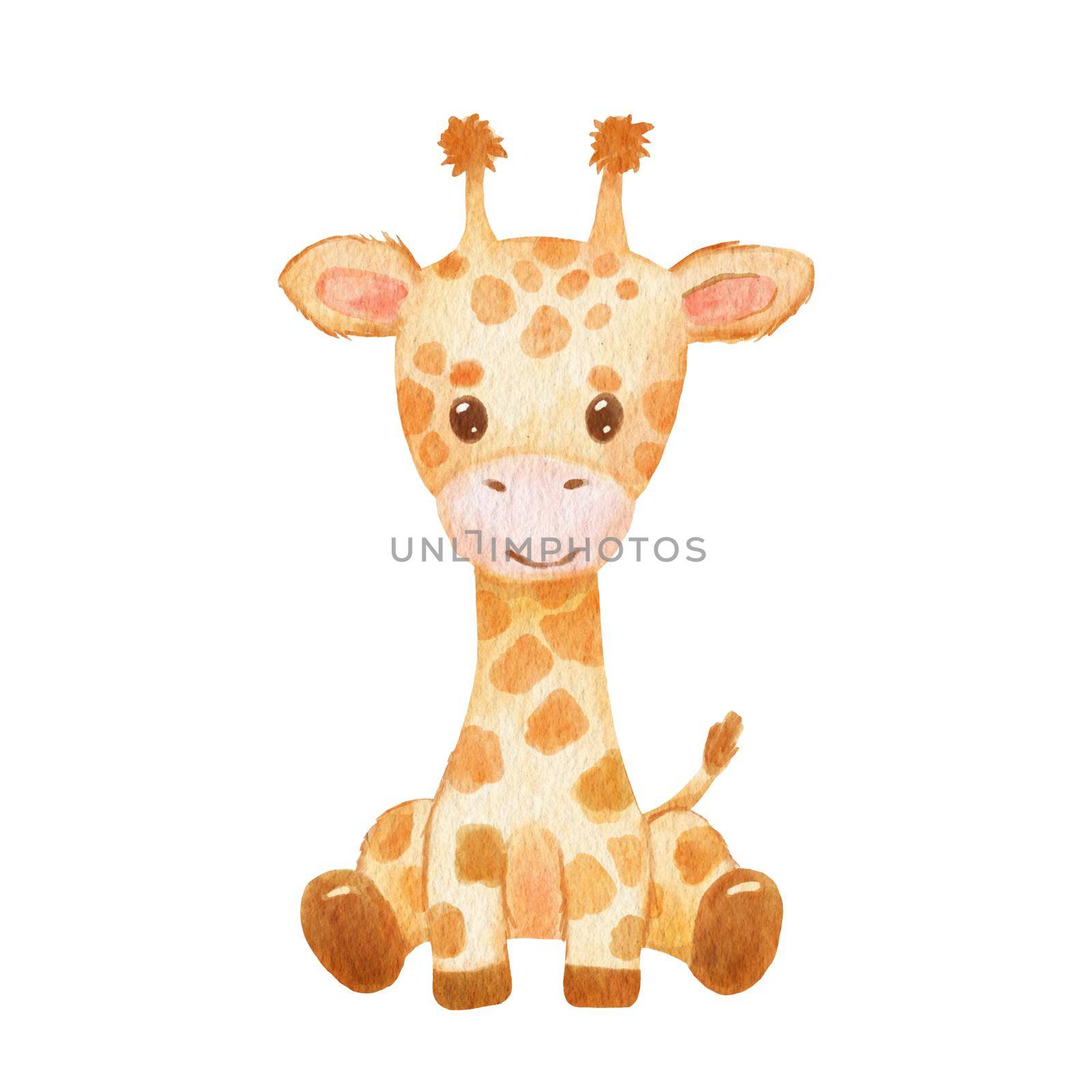 Cute portraits giraffe in cartoon style. Drawing african baby wild animal isolated on white background. Jungle animal is sitting