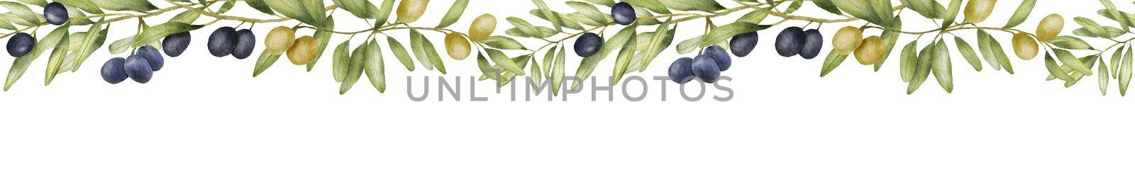 Seamless border with green olive branches watercolor drawing. Hand drawn illustration with olive leaves. Food of mediterranean cuisine by ElenaPlatova