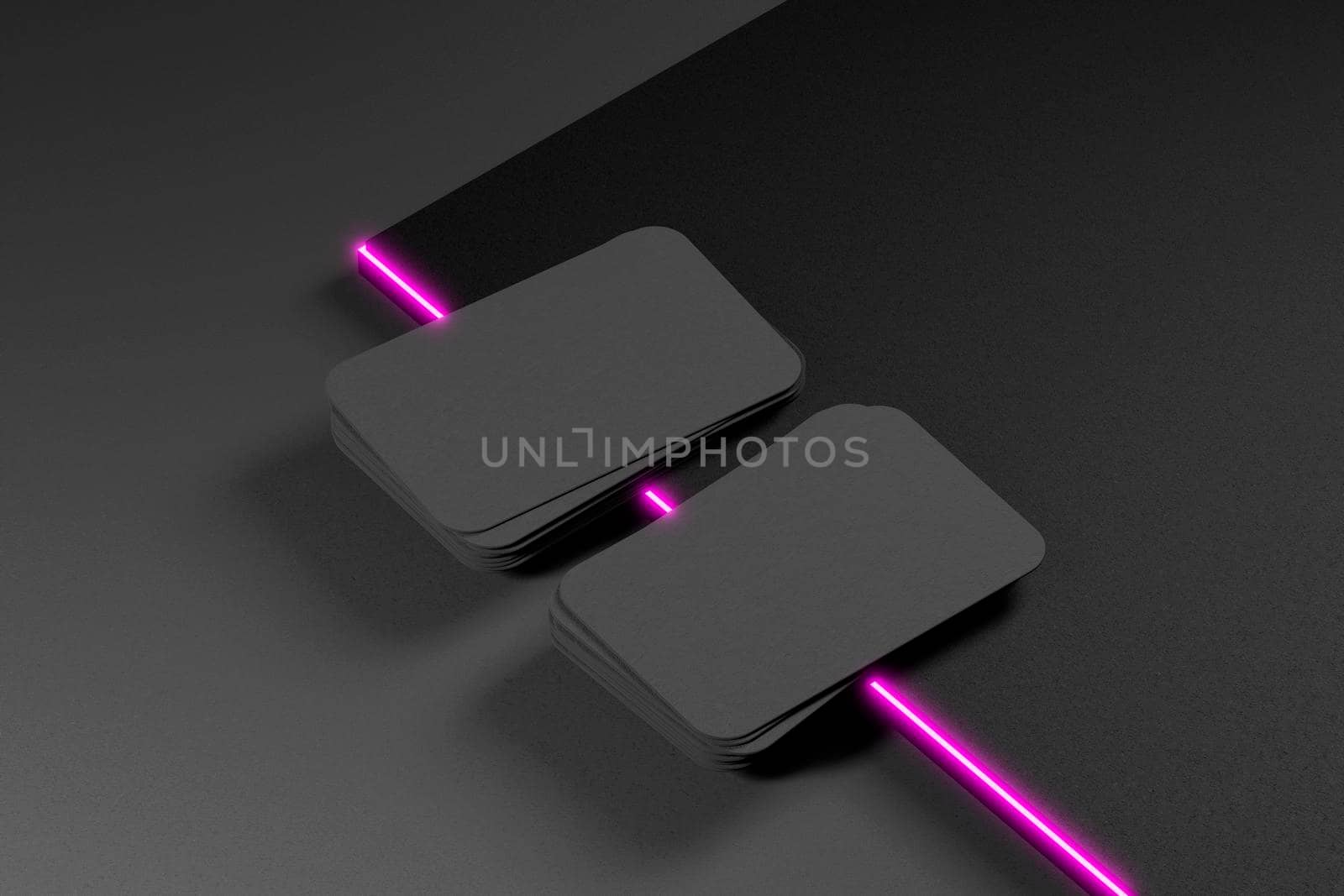 Two blank black business cards on the neon edge. 3d illustration by raferto1973