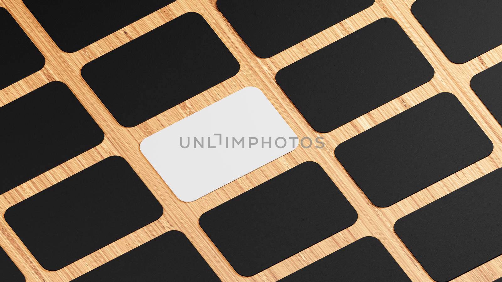 White business card surrounded by black business cards on wooden desk , 3d illustration