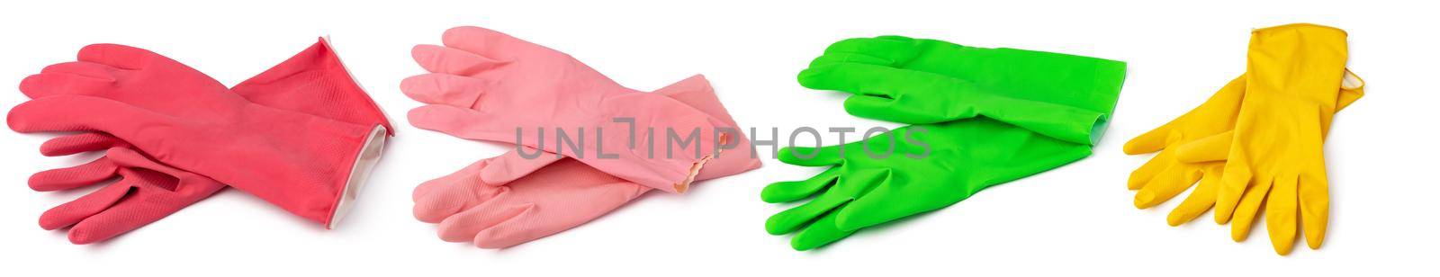 Coloured rubber gloves isolated on white background, close up