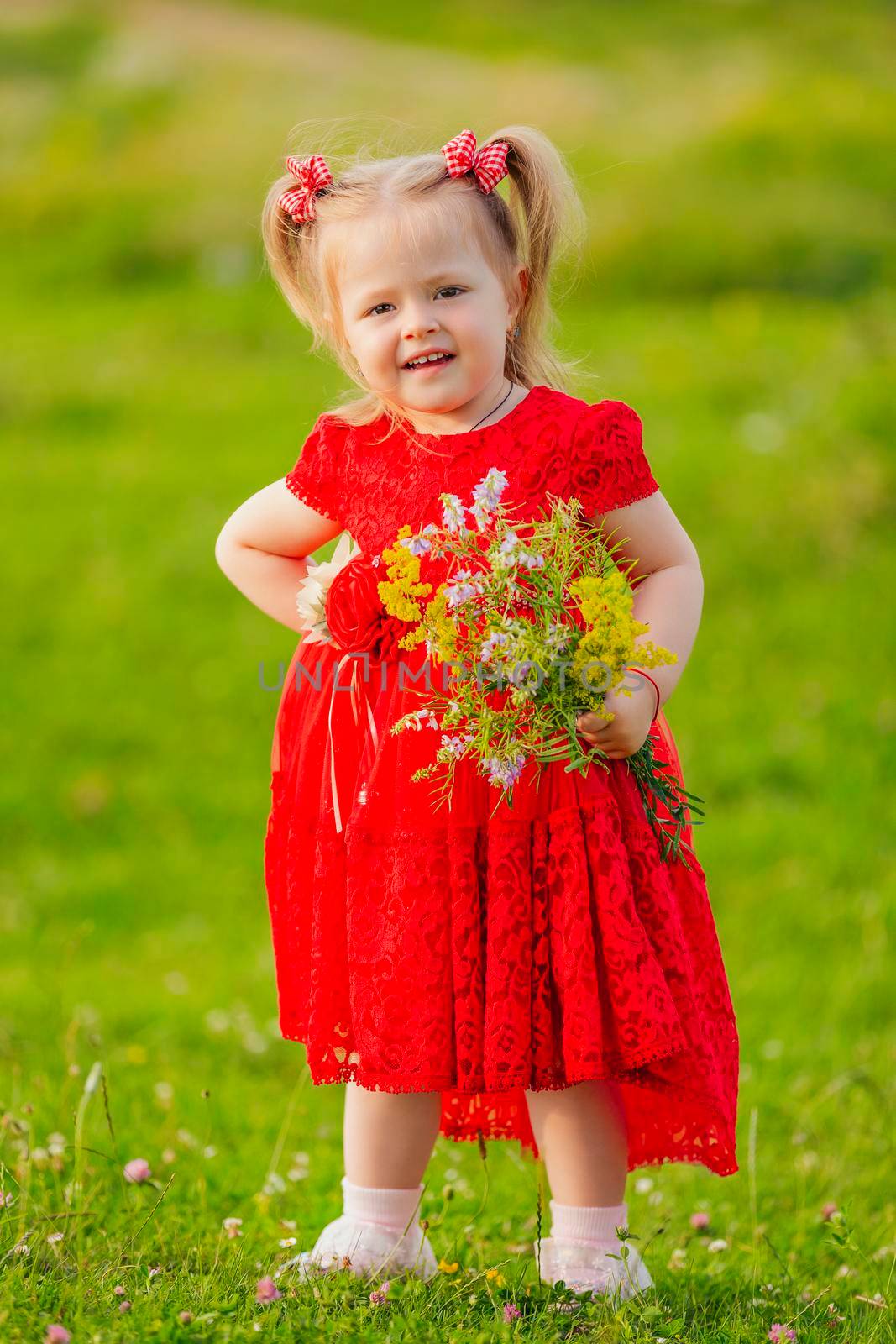 girl in a red dress and with a bouquet of wild flowers by zokov