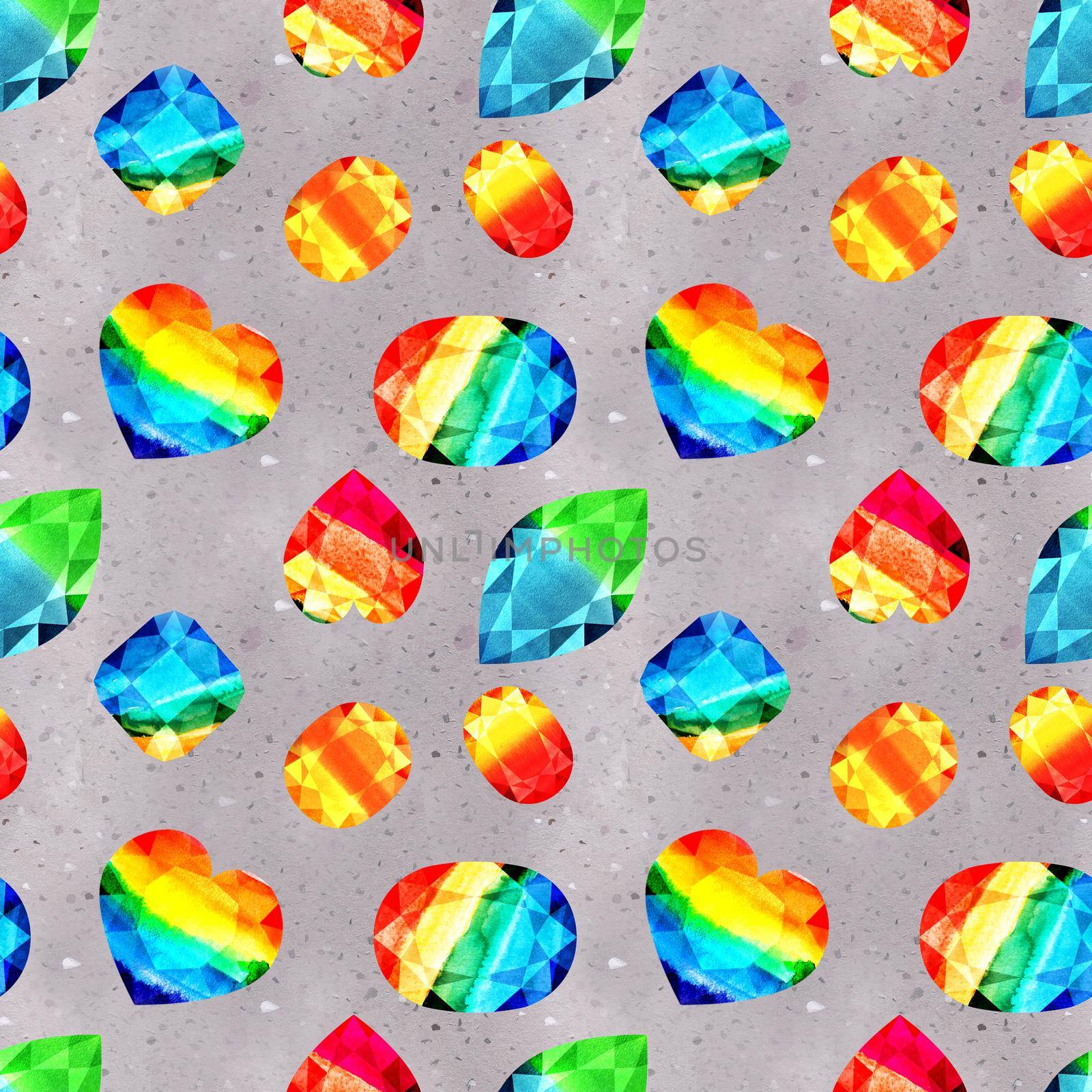 Bitmap seamless pattern Watercolor rainbow fairy gems