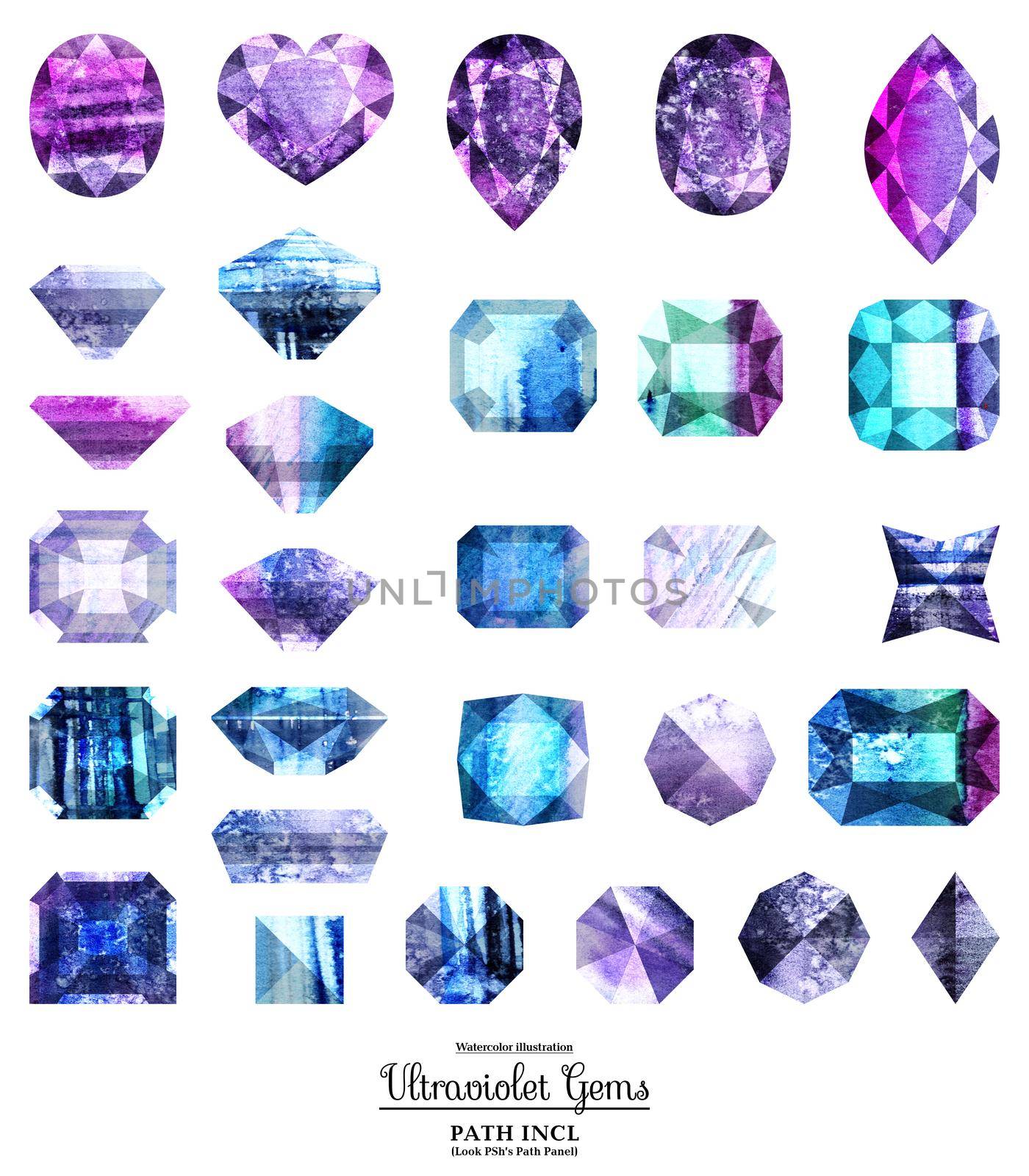 Set of watrecolor gems, blue and violet colors