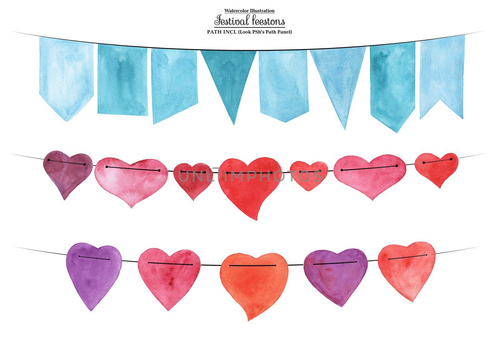 Watercolor set. Festival and party festoons. Flags and hearts