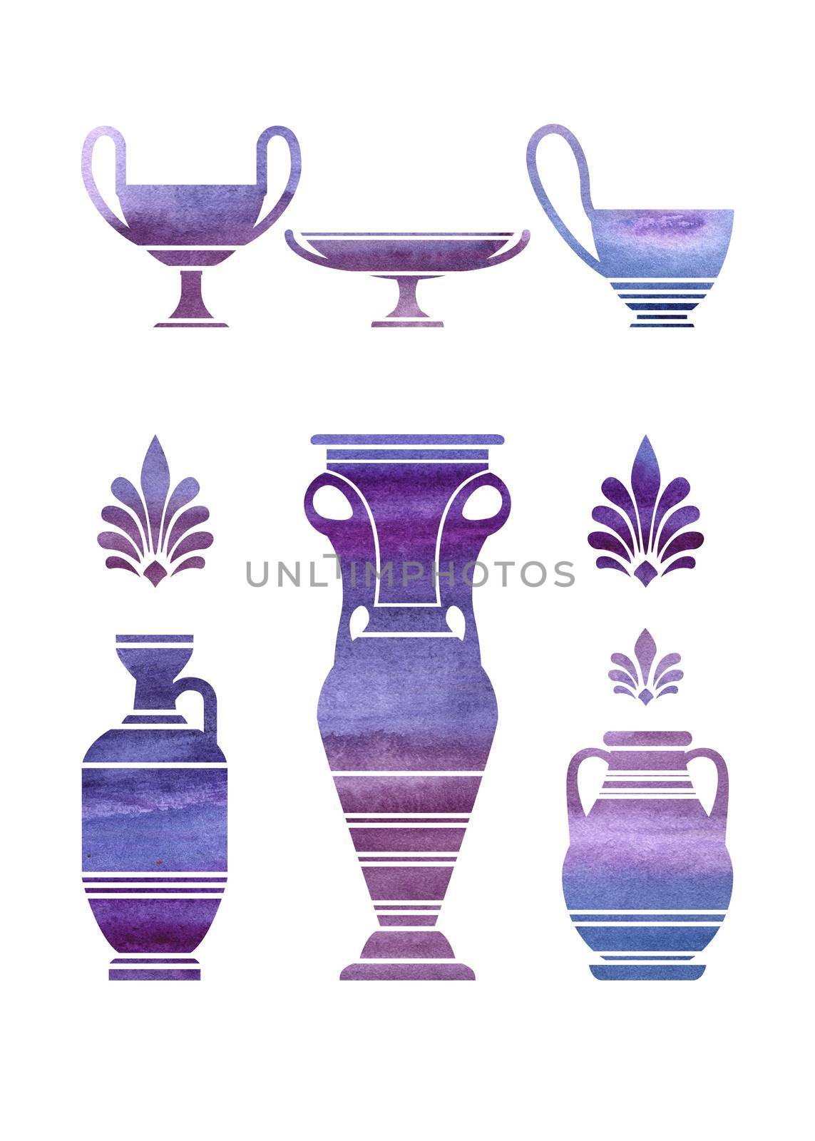 Ultraviolet watercolor silhouettes of coffee pots on a white background. Isolated, path included