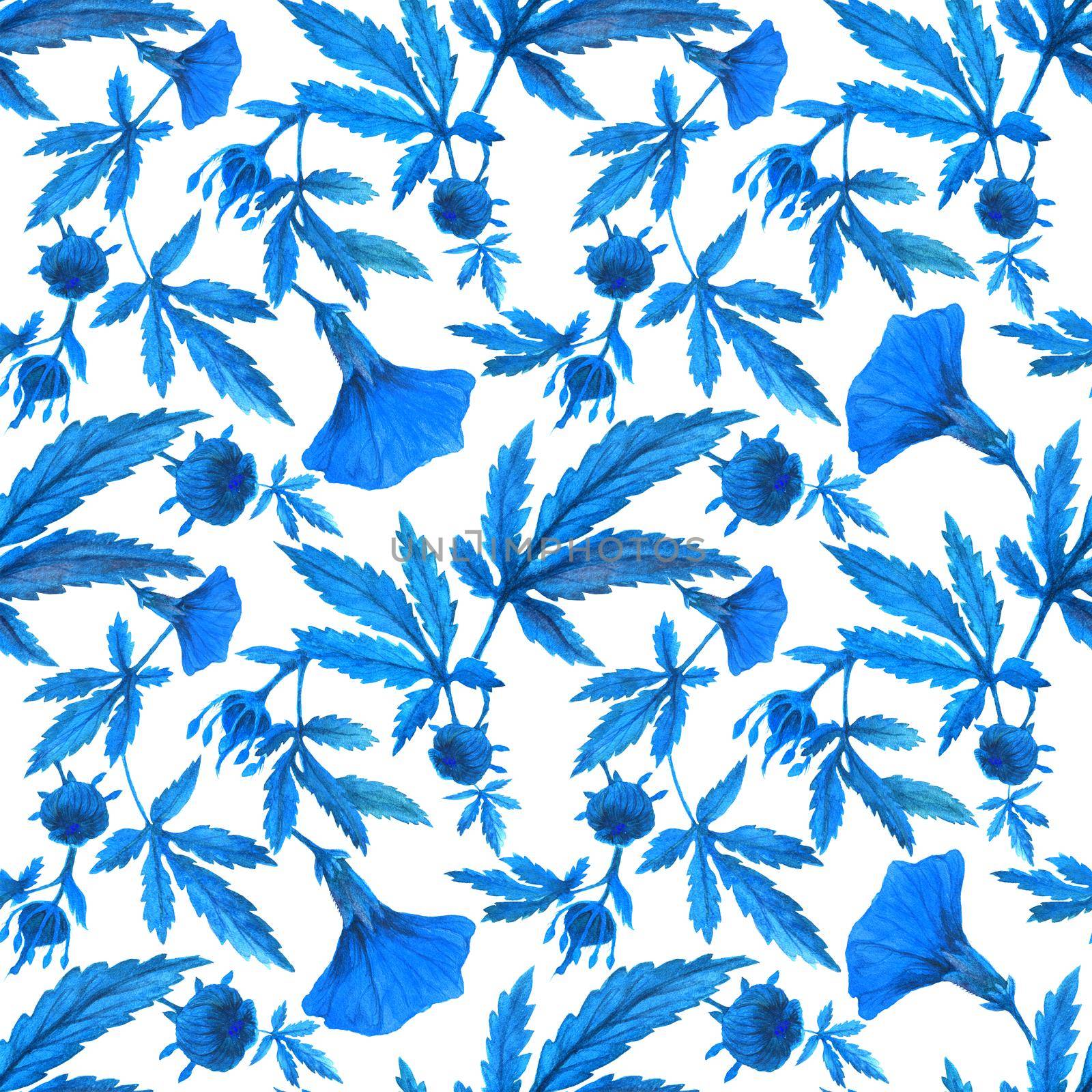 Watercolor cranberry hibiscus garden blue pattern. Flowers and buds on a branch. by Xeniasnowstorm